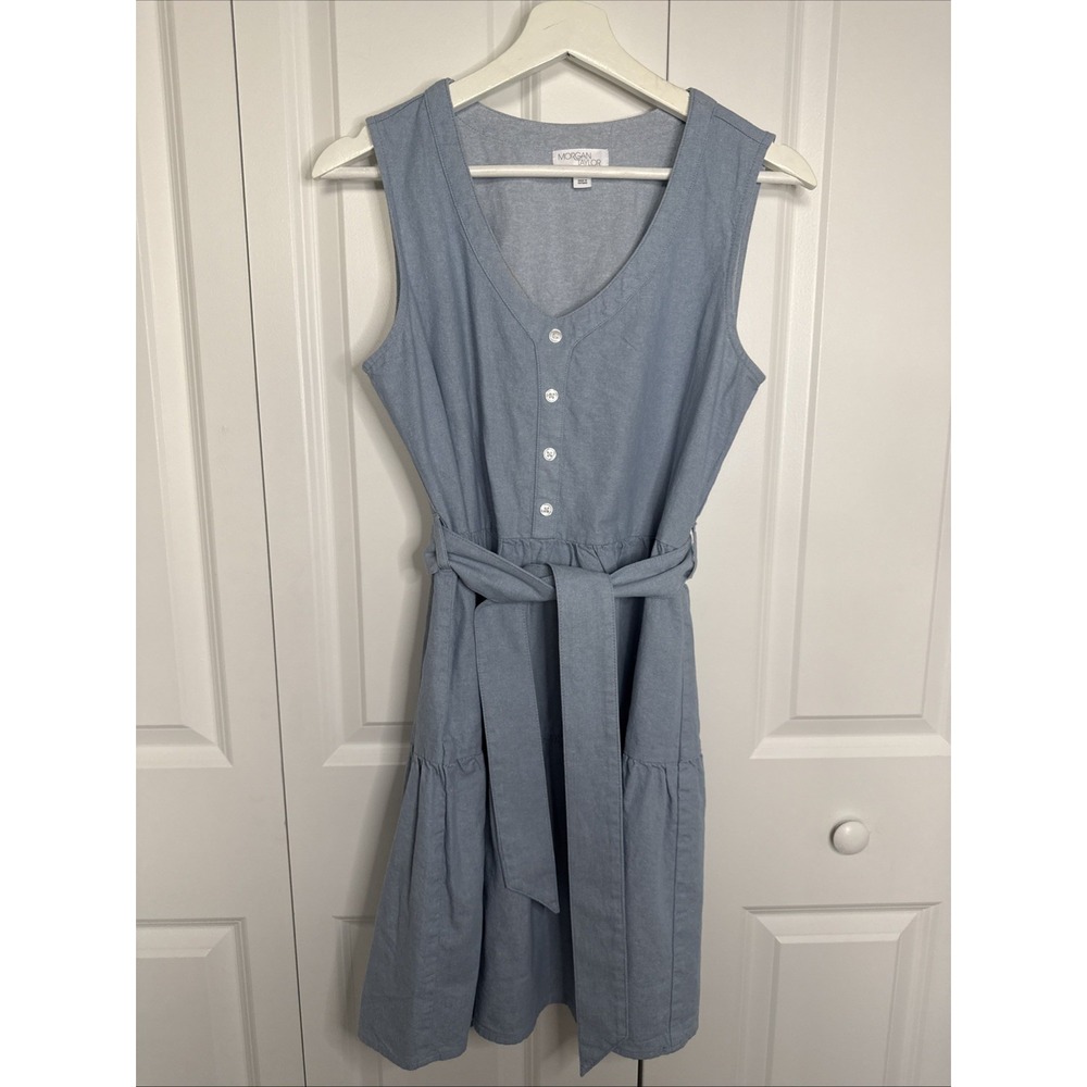Morgan Taylor Chambray Belted Dress V Neck Tiered Skirt Size‎ S Cottagecore